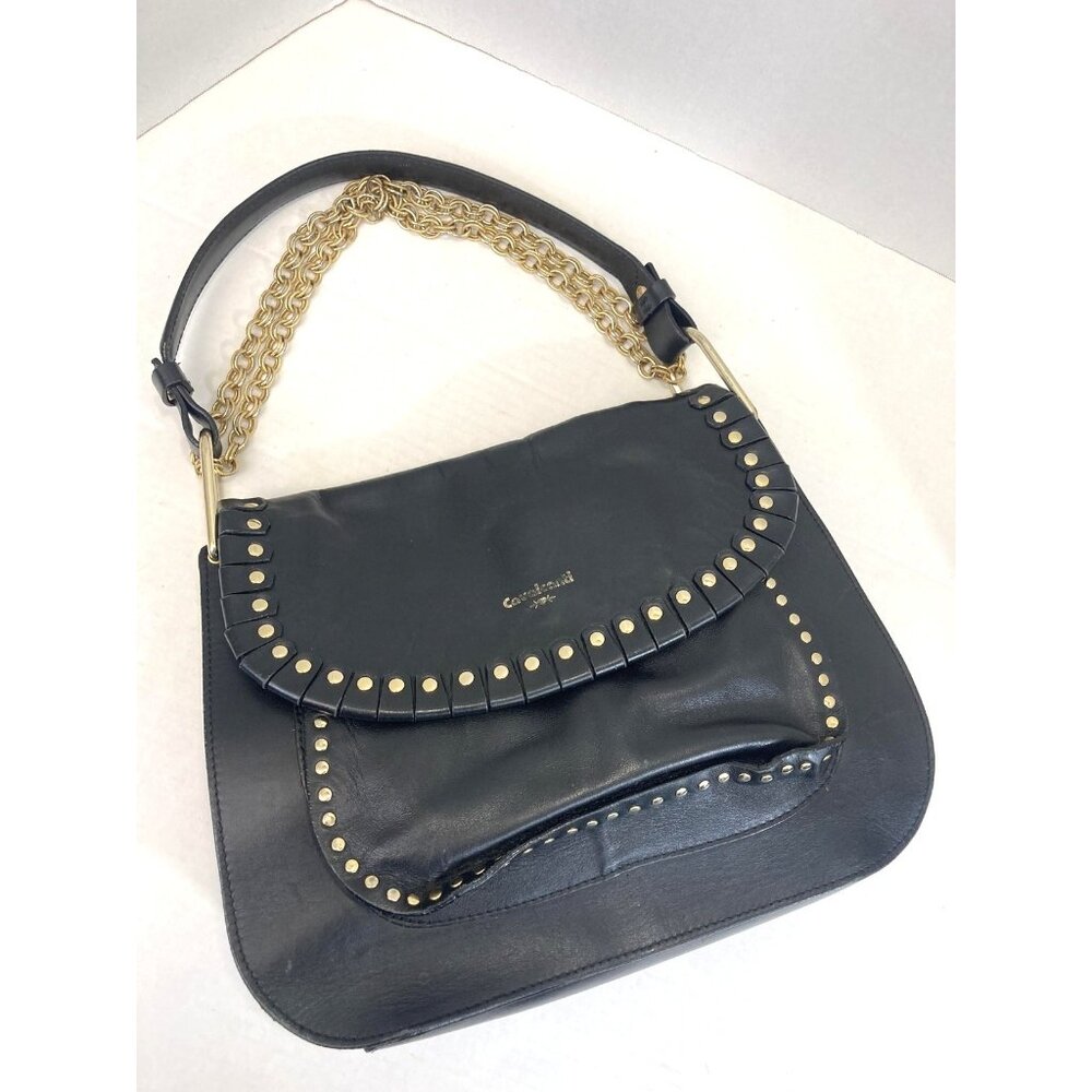 Cavalcanti Studded Leather Shoulder Bag Womens Black Chain Strap Made in Italy‎